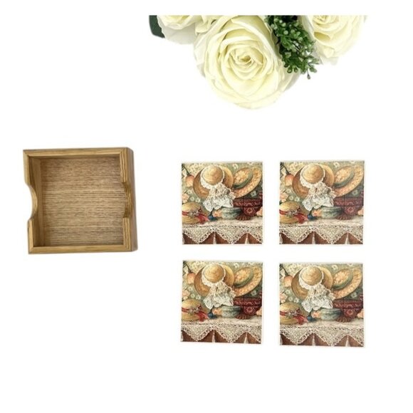 Vintage Anna Krajewski Tile Cork Coasters Set Of 4 With Wood Case Country Hats - Picture 8 of 11
